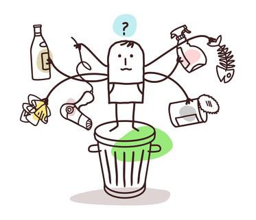 cartoon man wondering where to put the rubbish